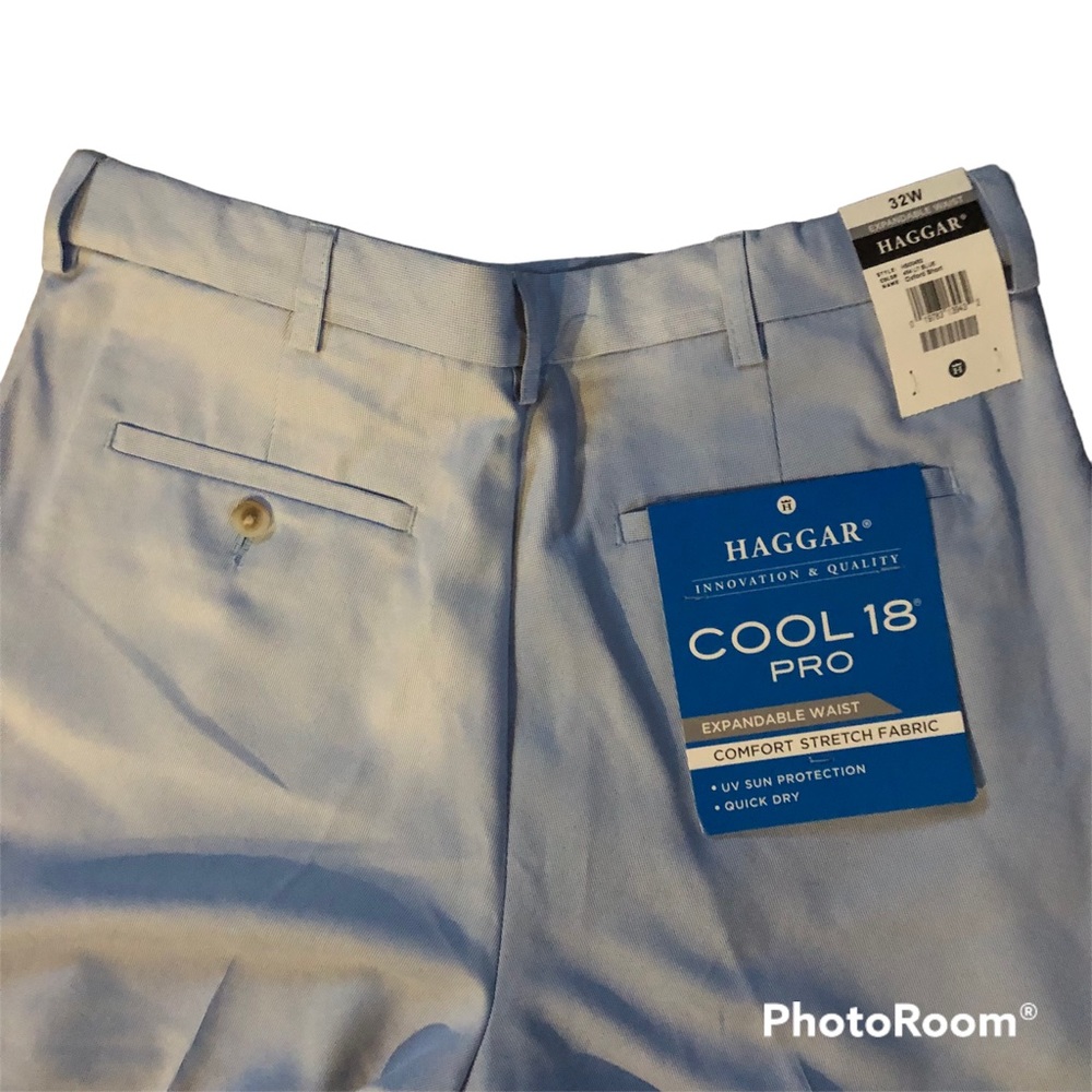 NWT Haggar Cool 18 Pro Expandable Waist UV Protection Lt Blue Oxford Sho…